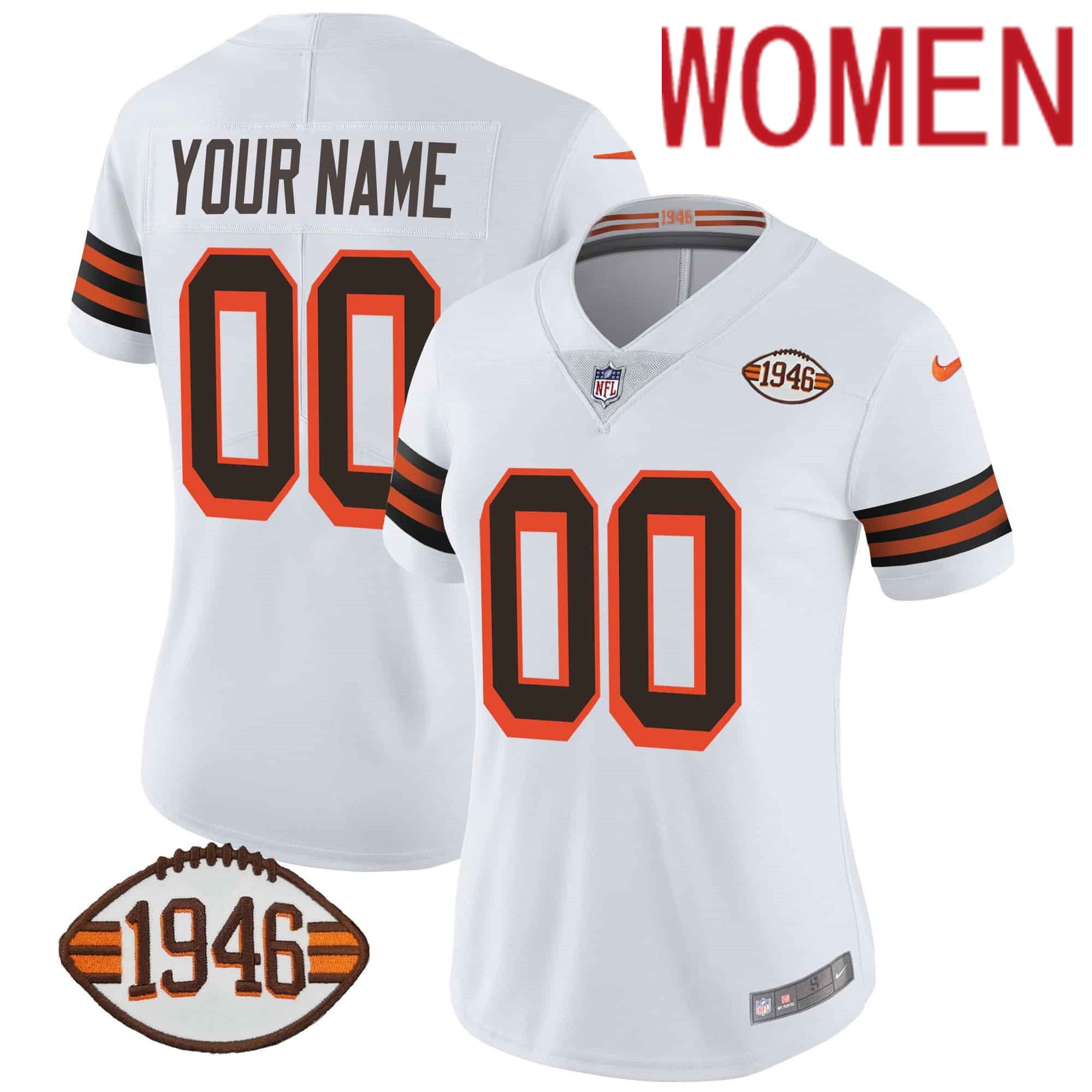 Women Cleveland Browns White 1946 75th Anniversary Patch Custom 2024 Nike NFL Jersey->customized nfl jersey->Custom Jersey
